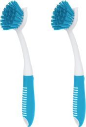 Dish Brush with Handle, 2 Pack Scrub Brushes with Built-in Scraper for Cleaning Kitchen, Pots, Pans and Sink, Scrubber Washing Tools, Blue