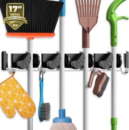 Holikme Mop Broom Holder Wall Mount Metal Pantry Organization and Storage Garden Kitchen Tool Organizer Wall Hanger for Home Goods (4 Positions w