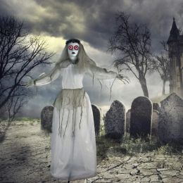 Haunted Hill Farm Zombie Bride With Pop-Up Head And Light-Up Eyes, Halloween Animatronic For Battery Operated Scary Indoor Or Covered Outdoor Hal (Option: 64StandingBride)
