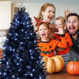 Artificial 5ft Black LED-lit Christmas Tree With 1076PE&PVC Mixed Branch Tips,Hinged Premium & Foldable Base For Indoor Holiday Decorating (Option: Defaulttitle)