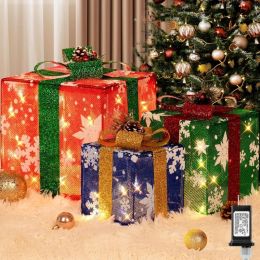 3 Pieces Large Gift Boxes For Christmas Decorations Outdoor, 10" 8" 6" With Pre-lit 70 LED Mini String Lights, Plug-in Warm White Present Boxes W (Option: Snowflake)